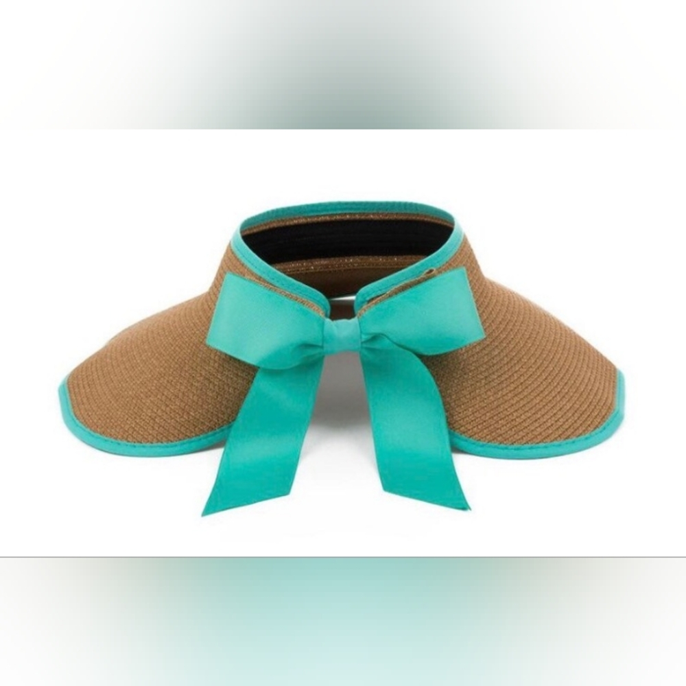 Womens Summer Hat Sun Beach Visor Packable Wide Brim Straw Hat Teal Bow Ribbon